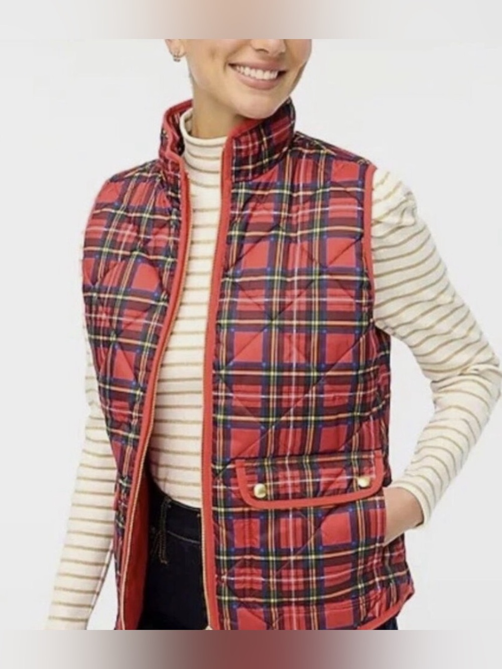 J. Crew Factory Red Tartan Plaid Quilted Puffer Vest Size XXS